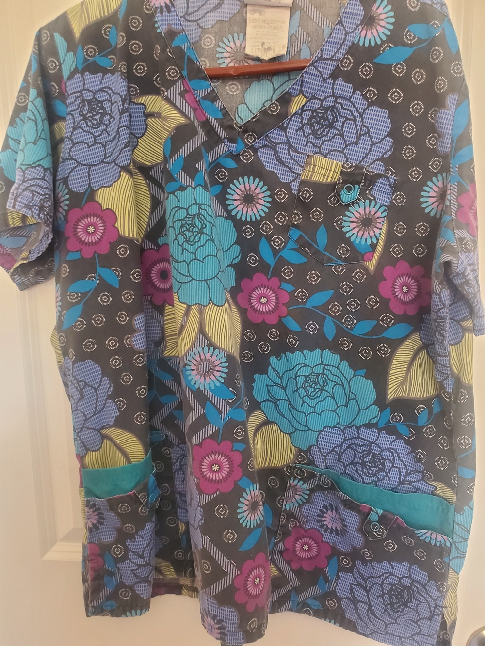 Floral Print V-Neck Medical Scrub Top - Turquoise, Purple, Yellow on Black